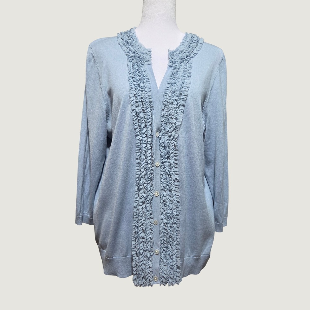 Talbots Light Blue Silk Cotton Ruffle Trim Button Front Cardigan Sweater XL